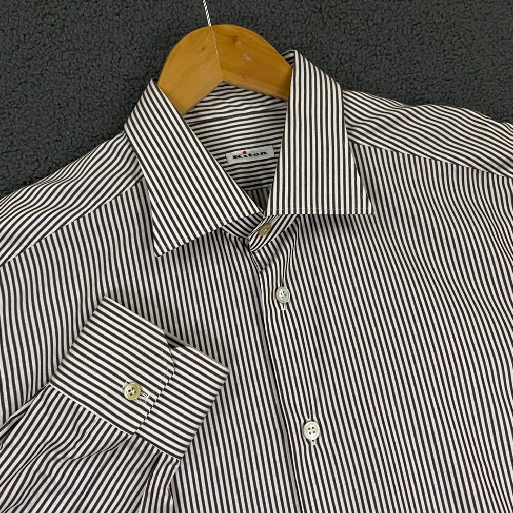Kiton Dress Shirt Mens 17.5/44 Gray Ivory Striped Button Up Luxury Made in Italy